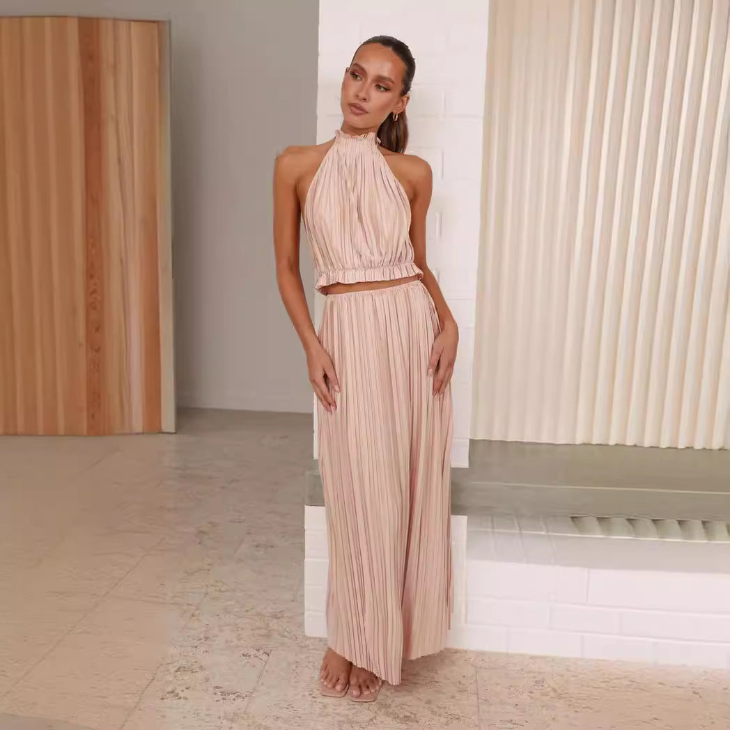 Damen Maxikleid mit ausdrucksvollem Faltenrock und modischem Halterneck Drune