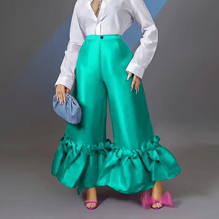 Damen elegante weite Hose mit voluminösem Rüschenabschluss Drune