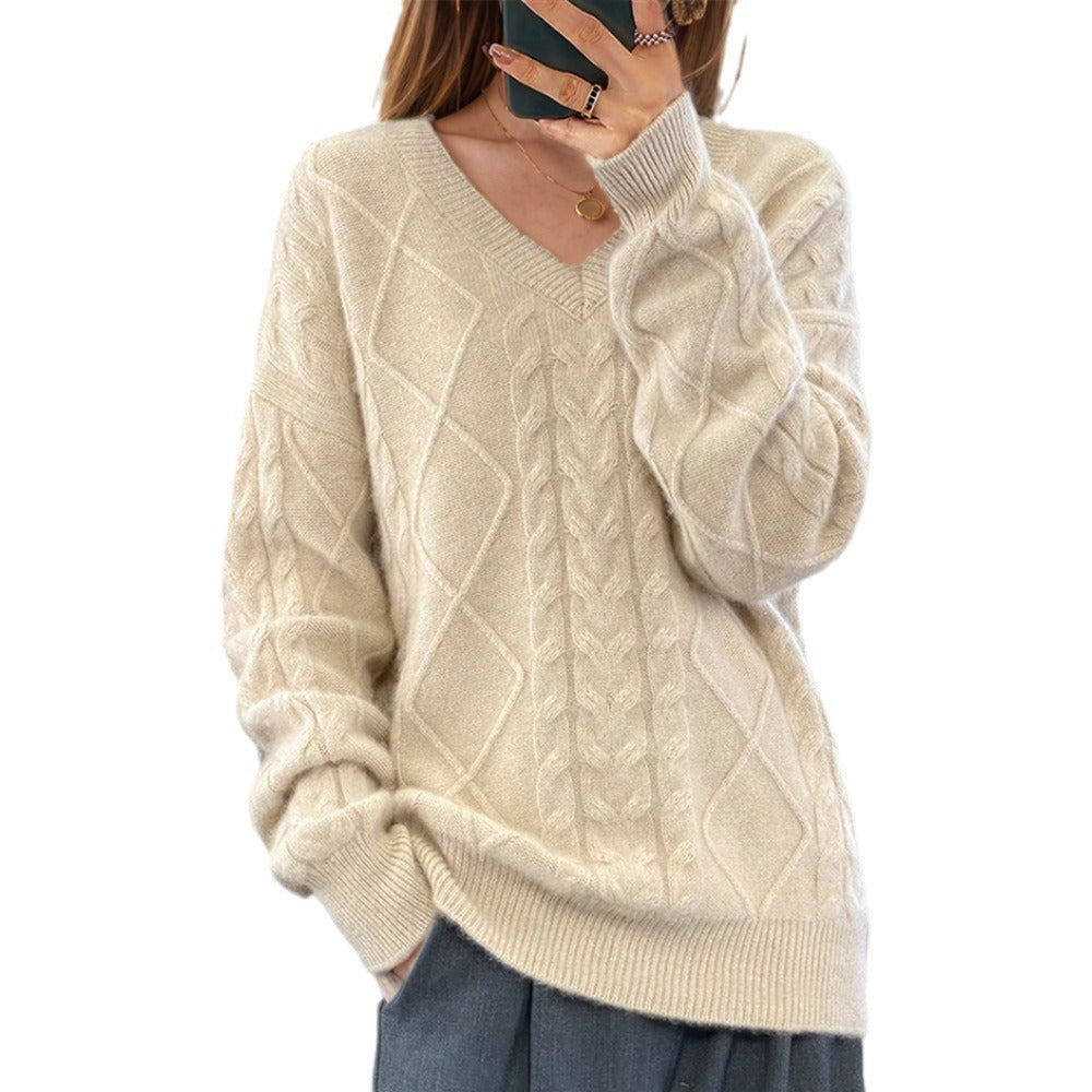 Damen Eleganter Strickpullover mit detailliertem Zopfmuster Drune