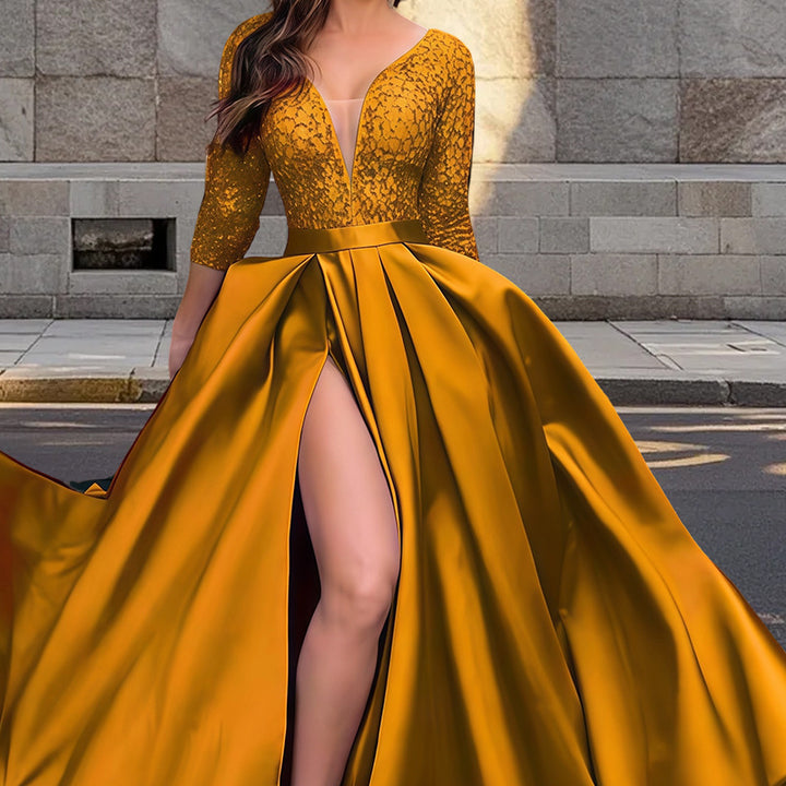 Damen Elegantes Abendkleid mit tiefem V-Ausschnitt und seitlichem Schlitz Drune