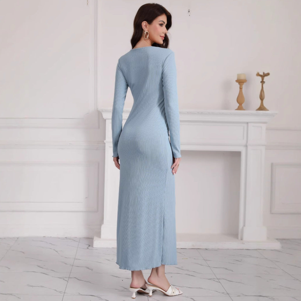 Damen Langarm Maxikleid aus hochwertigem Rippstrickstoff mit elegantem Schlitz Drune