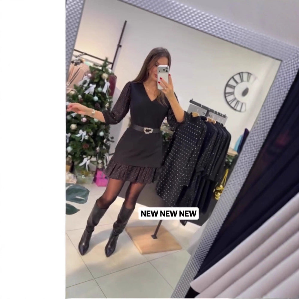 Damen elegantes Kleid mit transparenten Puffärmeln und schließendem Gürtel Drune
