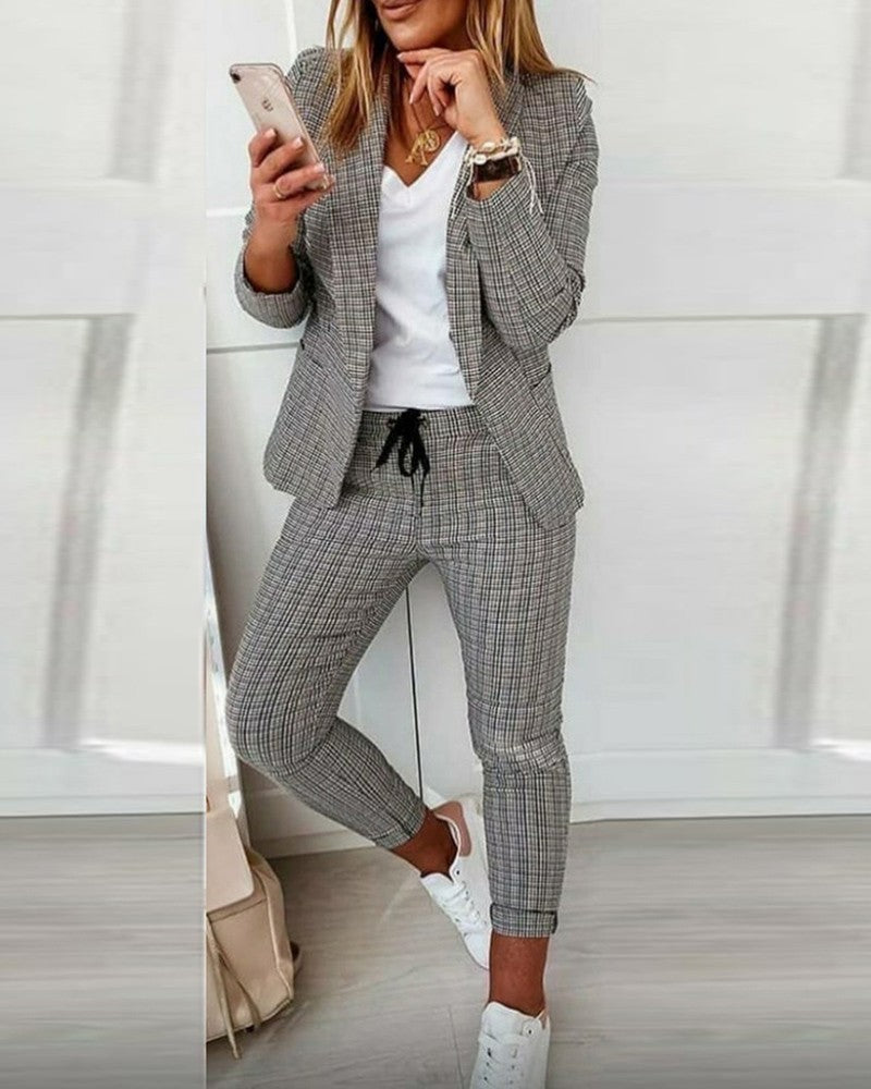 Damen nan Smart-Casual Blazer-Set mit offenem Longblazer und tapered Jogpant mit Kordelzug Drune