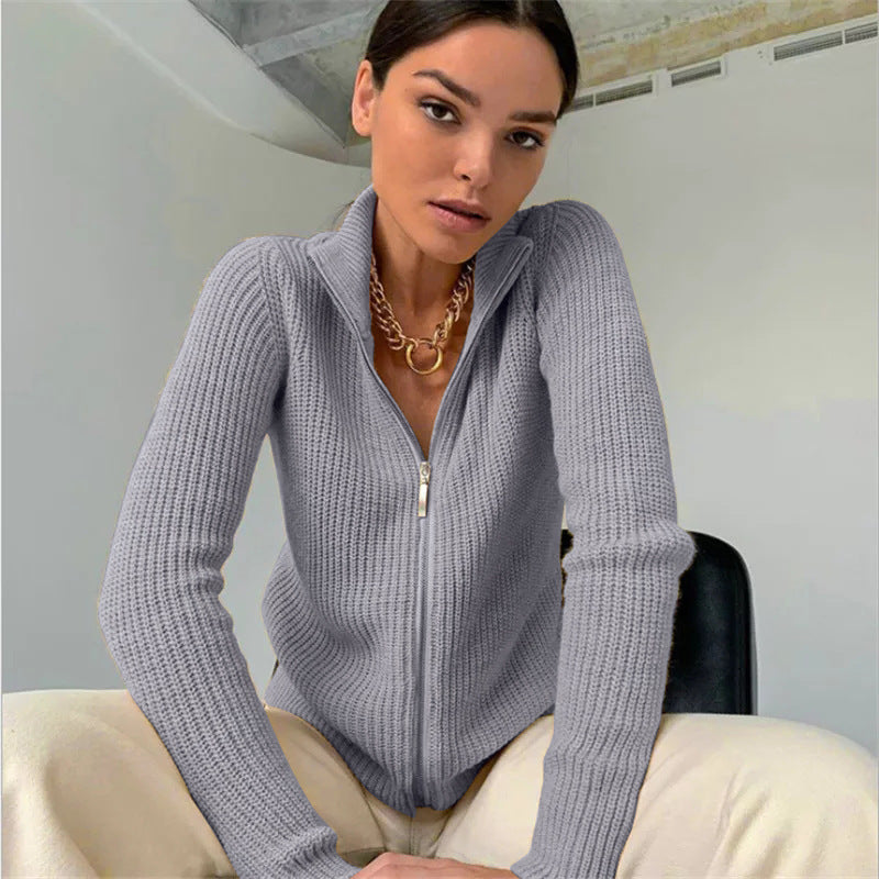 Damen Strickjacke mit hohem Kragen und innovativem Zipper Drune