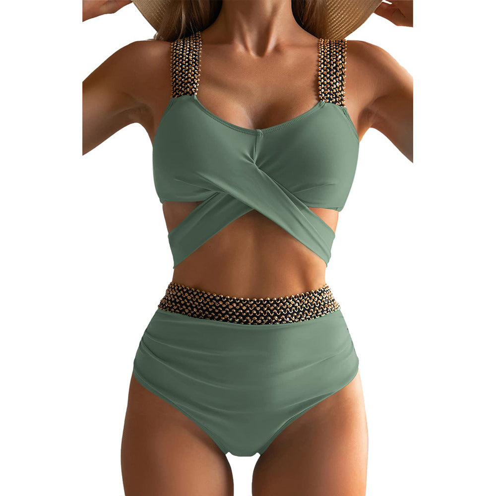 Damen Hochgeschnittener Bikini mit modischem Wickeloberteil und glamourösen Akzenten Drune