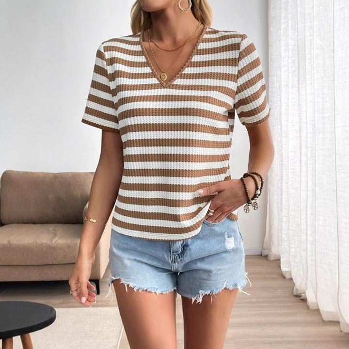 Damen lässiges V-Neck T-Shirt mit Streifenmuster Drune