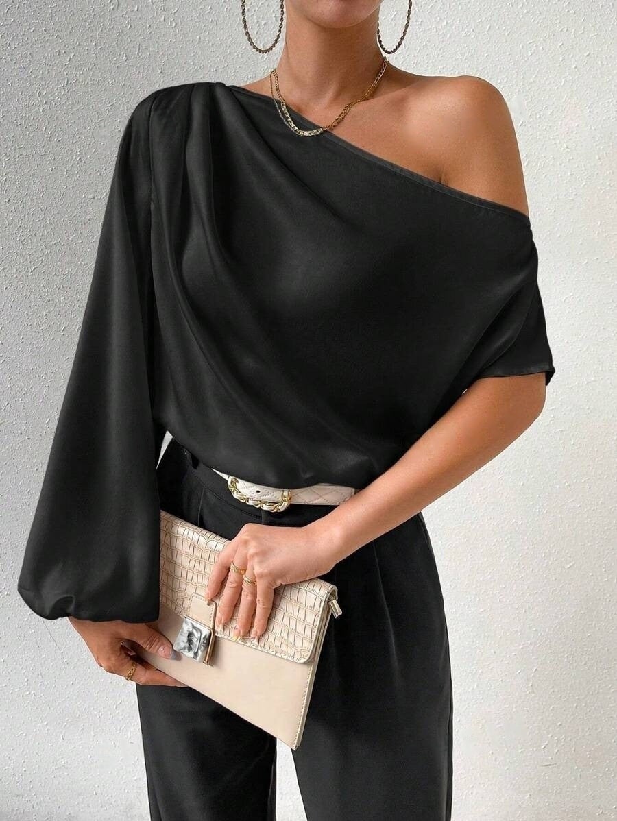 Damen elegante asymmetrische Bluse mit weiten Ärmel Drune