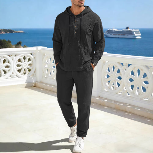 Herren nan entspannter Kapuzen-Henley Freizeitanzug aus leichter Baumwollmischung in Leinenoptik mit Kordelzug und elastischer Bundhose Drune