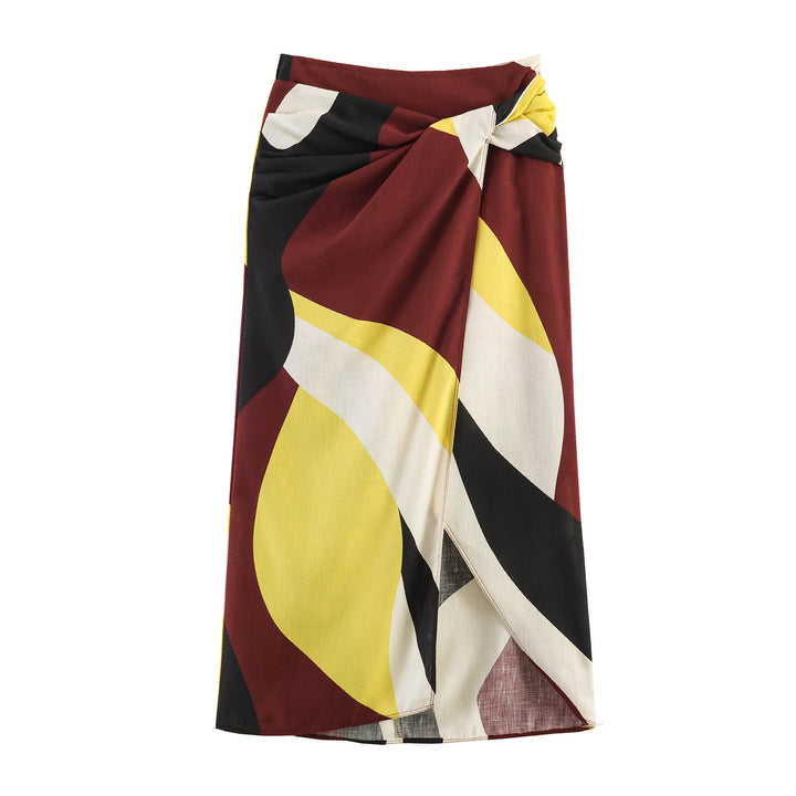 Damen Maxirock mit buntem Grafikdesign und eleganter Drapierung Drune