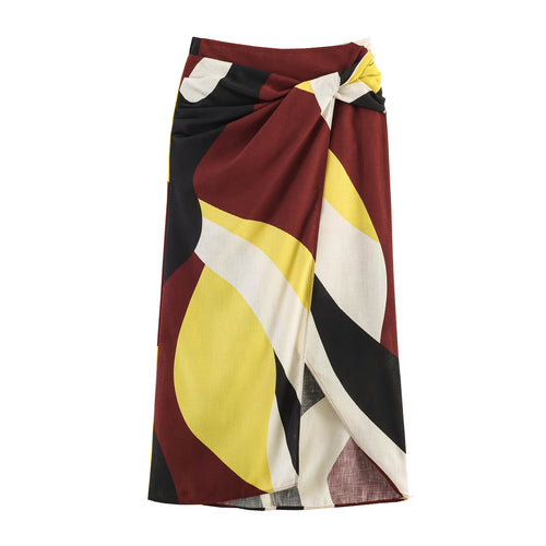 Damen Maxirock mit buntem Grafikdesign und eleganter Drapierung Drune