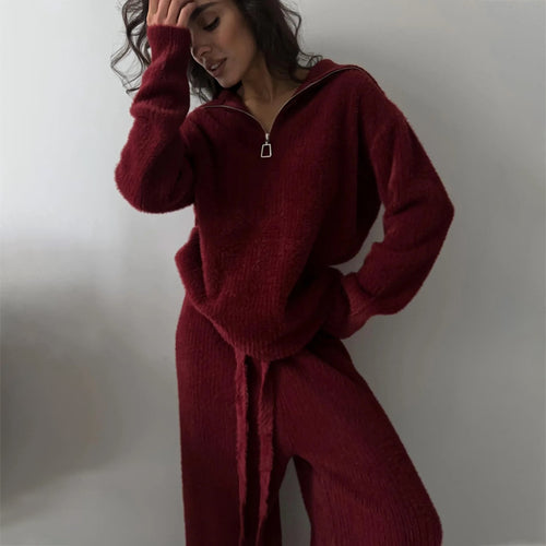 Damen Lässiges Strick-Loungewear-Set mit halbhoch geschlossenem Reißverschluss und lockerer Passform Drune