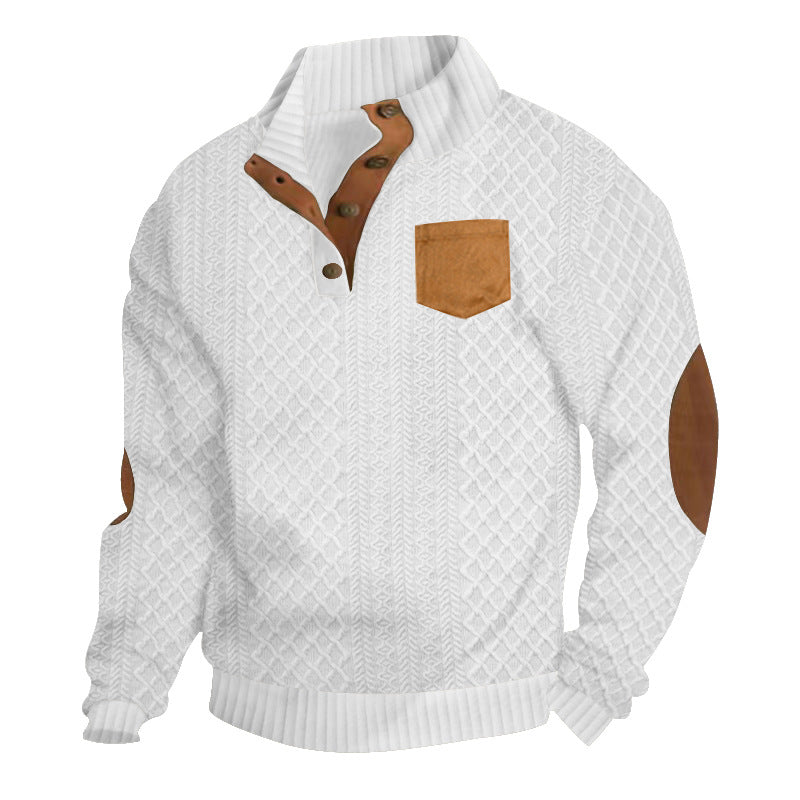 Herren nan Zopfmuster-Strickpullover mit Stehkragen Knopfleiste aufgesetzter Brusttasche und Lederoptik-Ellenbogenpatches Drune