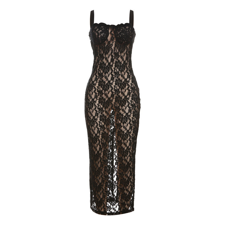 Damen Spitzenkleid mit verführerischem Schlitz und Spaghettiträgern Drune