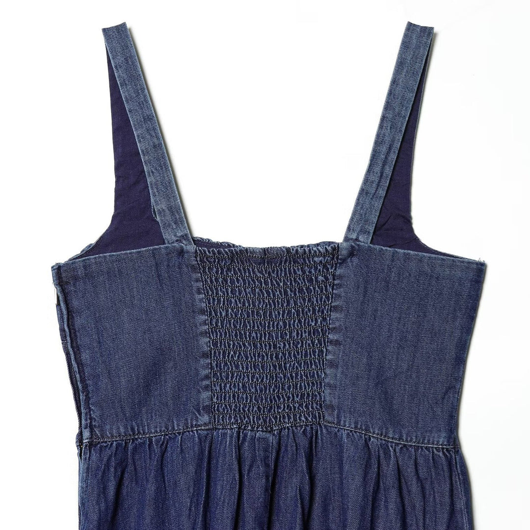 Damen Denim Maxikleid mit schwingendem Rock und verstellbaren Trägern Drune