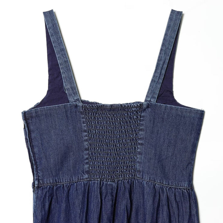 Damen Denim Maxikleid mit schwingendem Rock und verstellbaren Trägern Drune