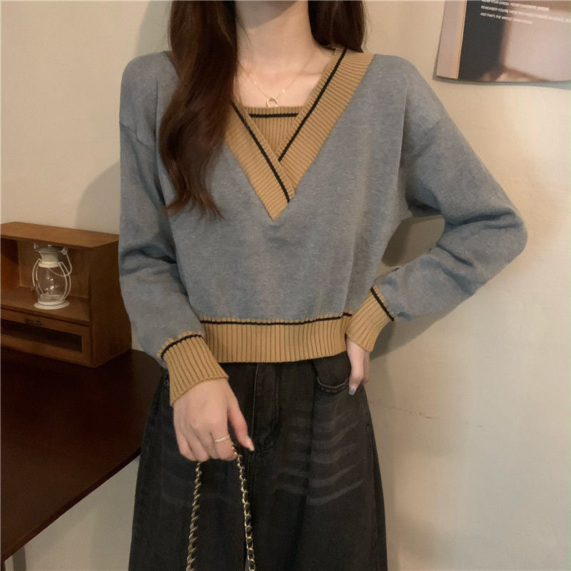 Damen modischer V-Ausschnitt Pullover mit Kontrastdetails Drune