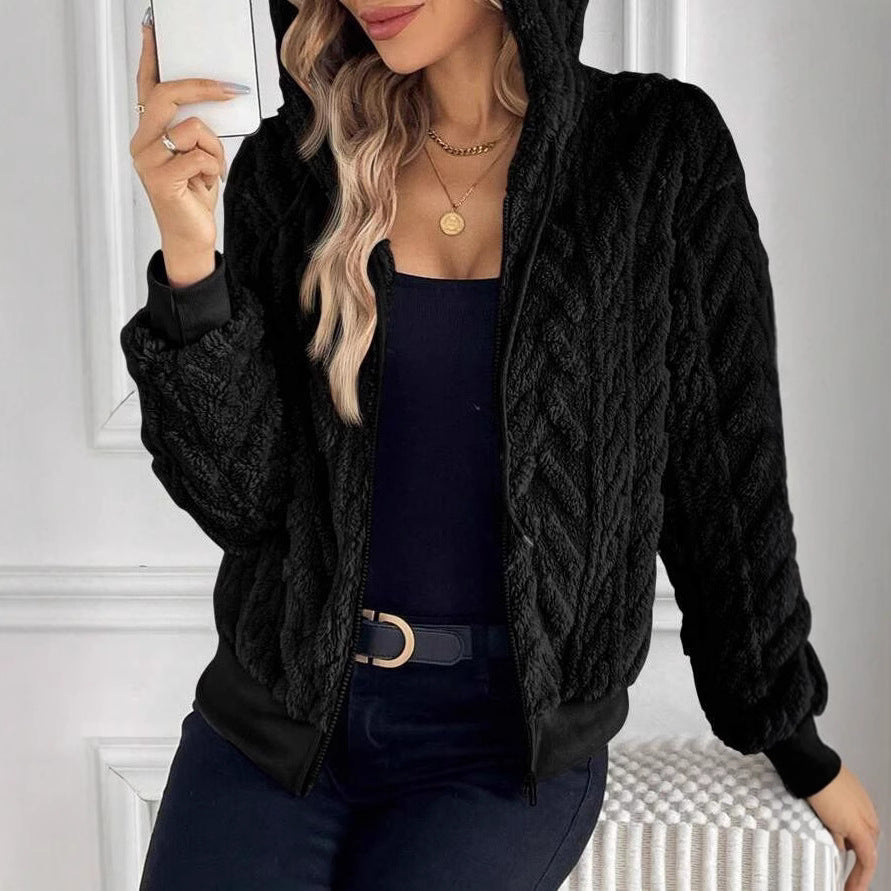 Damen modische Plüschjacke mit Kapuze und gerippten Bündchen Drune