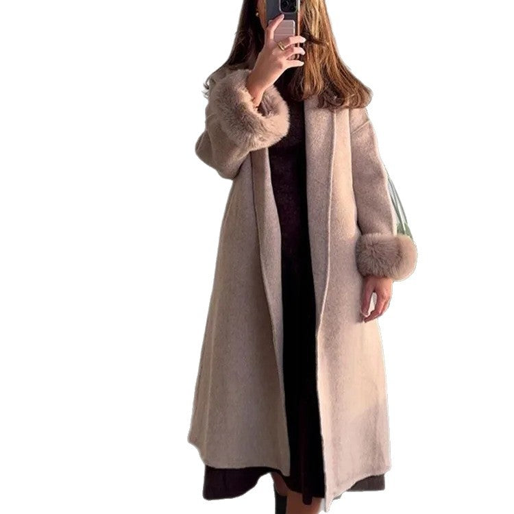 Damen Eleganter Wollmantel mit luxuriösen Pelzärmeln Drune