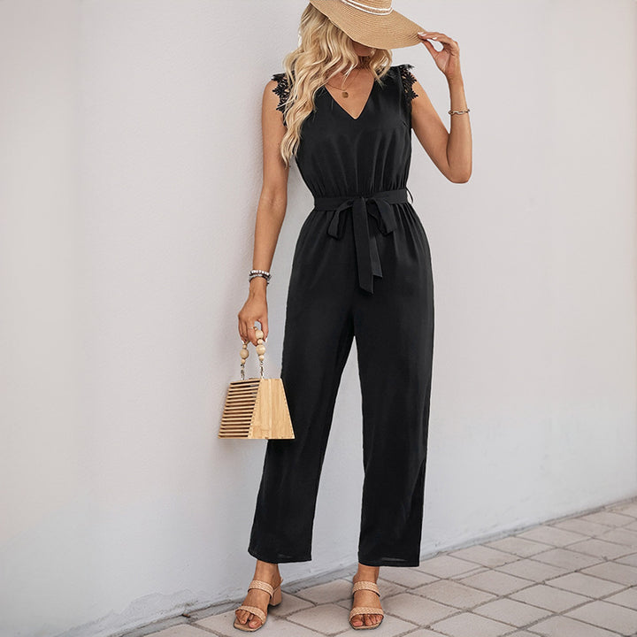 Damen Eleganter Jumpsuit mit Spitze und Taillengürtel Drune