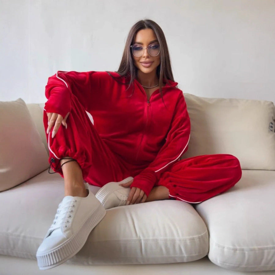 Damen modisches und vielseitiges Velours-Sportoutfit mit Reißverschluss Drune