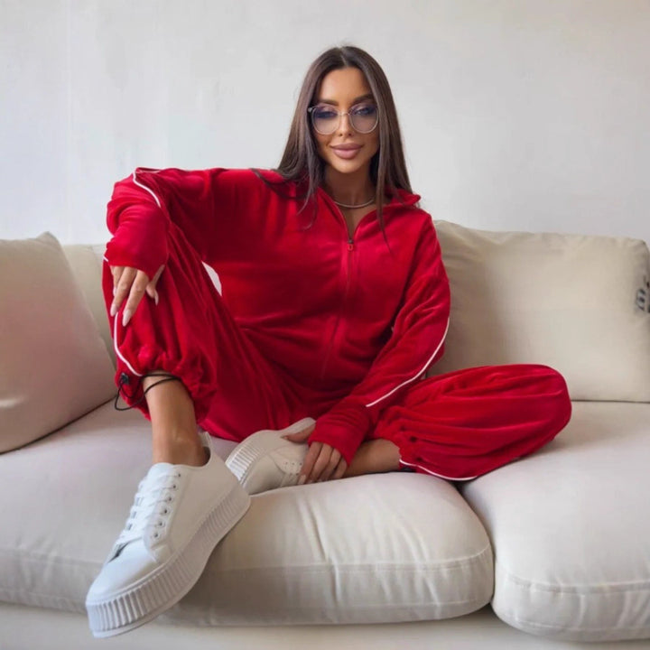 Damen modisches und vielseitiges Velours-Sportoutfit mit Reißverschluss Drune