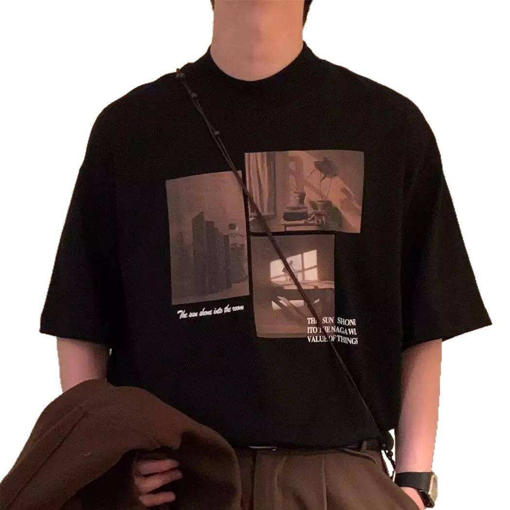 Damen modisches Kurzarm-T-Shirt mit kreativem Fotodruck und lockerer Passform Drune