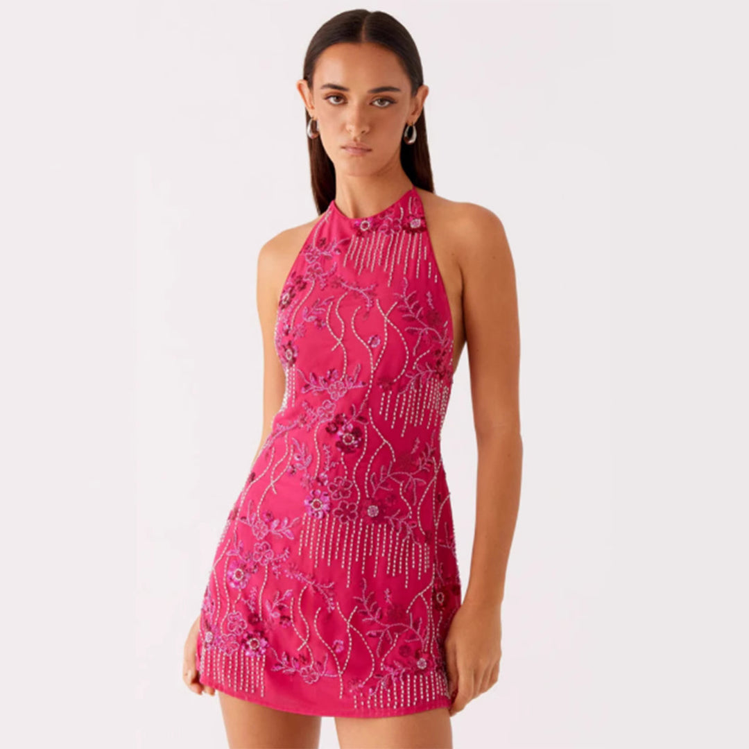 Damen Festliches Etuikleid mit floralen Applikationen und funkelnden Details Drune