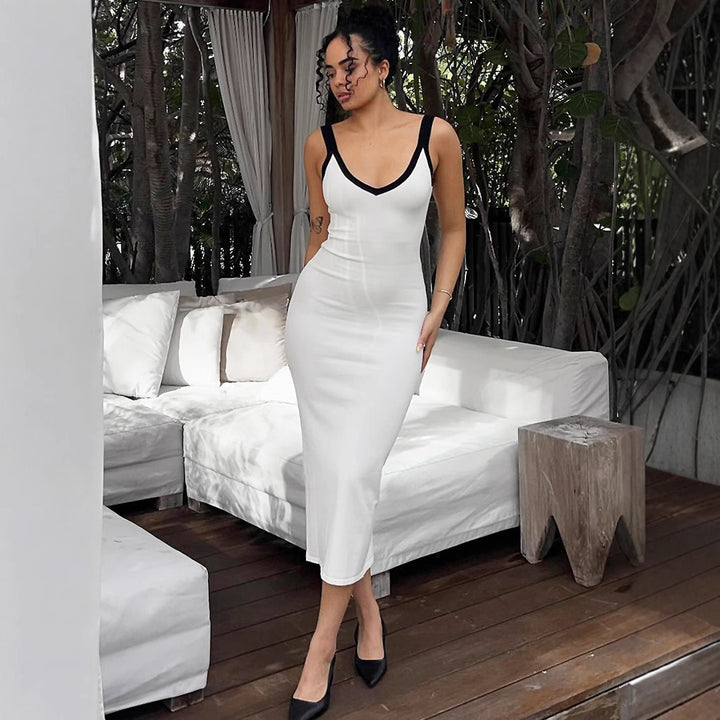 Damen figurbetontes Kleid mit tiefem V-Ausschnitt Drune