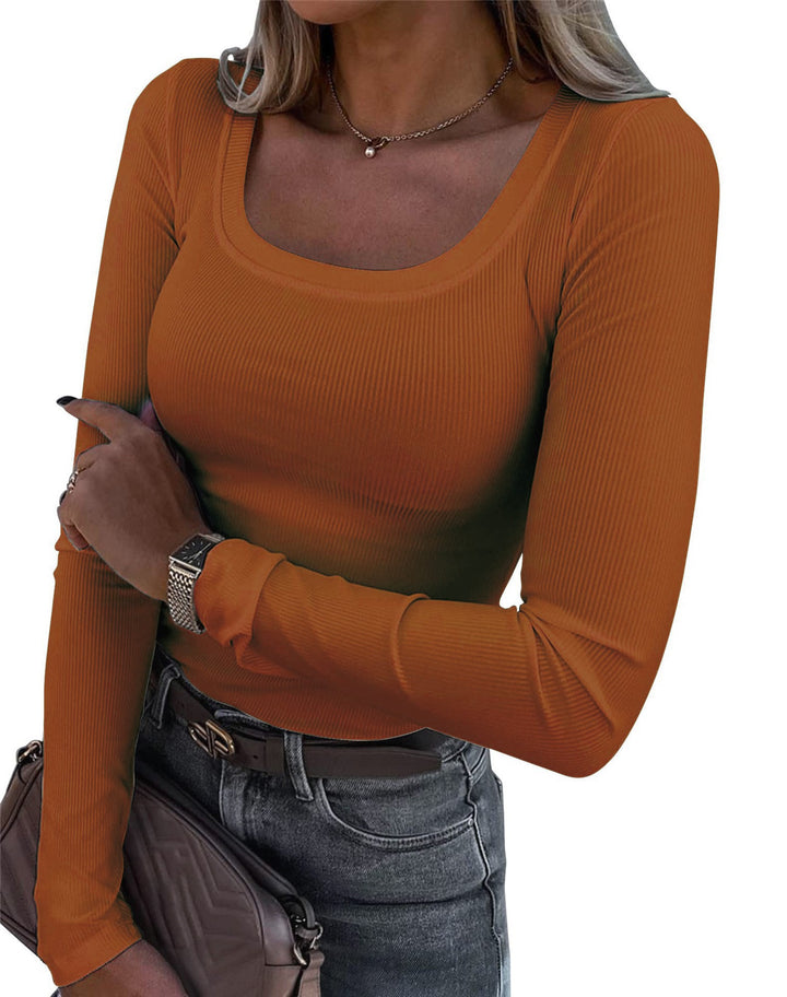 Damen Langarm Ripp-T-Shirt mit elegantem U-Boot-Ausschnitt Drune
