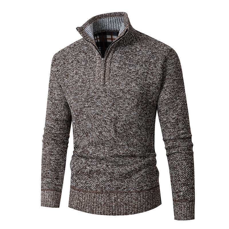 Herren nan grobgestrickter Halfzip-Pullover mit Stehkragen und karierter Krageninnenseite Drune