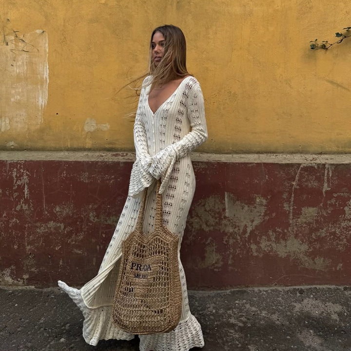 Damen Strickkleid mit voluminösen Ärmeln und raffiniertem Häkelmuster Drune