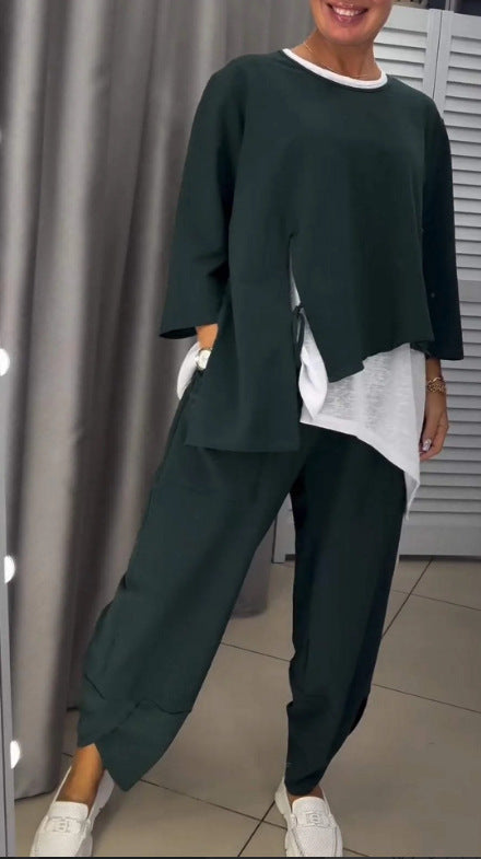 Damen Lässiges zwei-teiliges Freizeit-Set mit asymmetrischem Oberteil und bequemen Hosen Drune