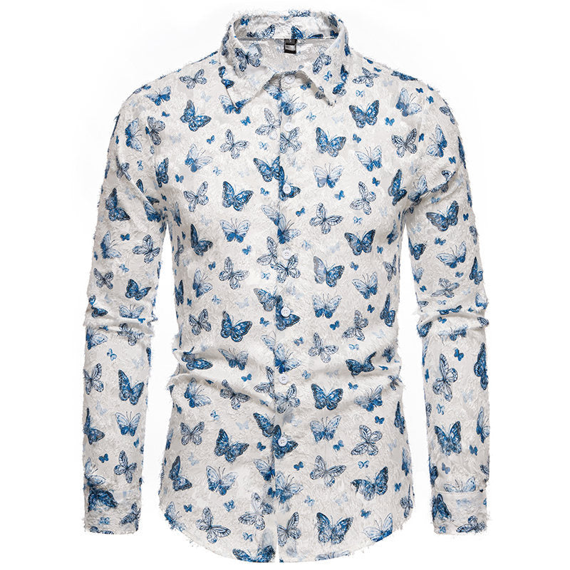 Herren Blumen Schmetterlingsdruck Langarmhemd Drune