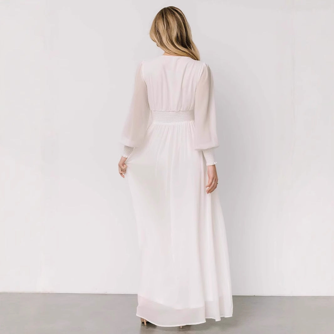 Damen elegantes Maxikleid mit V-Ausschnitt und transparenten Ärmeln Drune