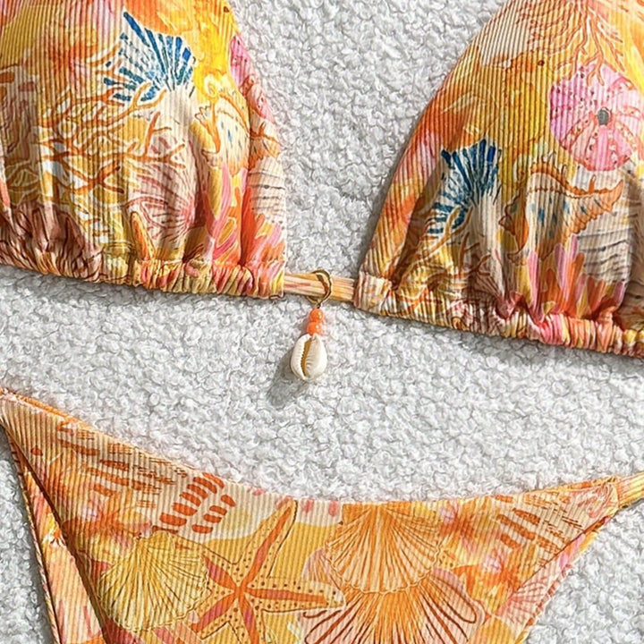 Damen Triangel-Bikini mit tropischem Muster und verspielten Bindebändern Drune