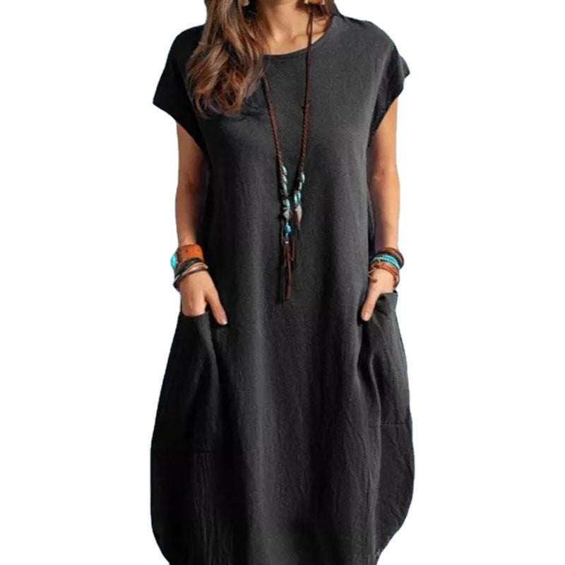 Damen lässiges Freizeitkleid mit seitlichen Taschen und Rundhalsausschnitt Drune