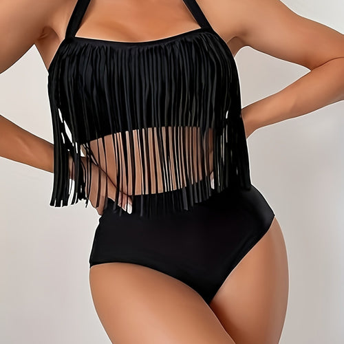 Damen Bikiniset mit fransigem Oberteil und hoch taillierter Hose Drune