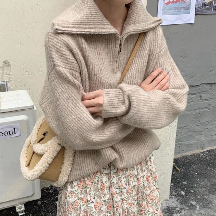 Damen Strickpullover mit hohem Kragen und halbem Reißverschluss Drune