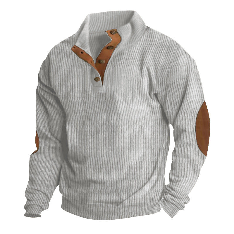 Herren nan rustikaler gerippter Pullover mit Henley-Kragen und lederartigen Ellbogenbesätzen Drune