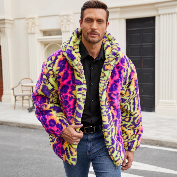Herren Plüschjacke mit auffälligem Tierprint und Kapuze Drune