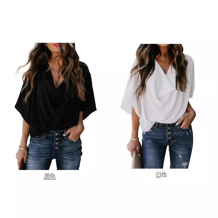 Damen elegante Bluse mit drapiertem V-Ausschnitt und weit geschnittenen Ärmeln Drune