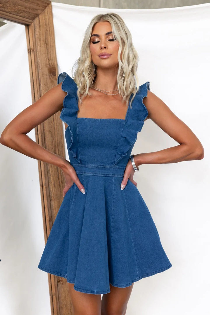 Damen Denim-Kleid mit Rüschendetails und Femininer Silhouette Drune