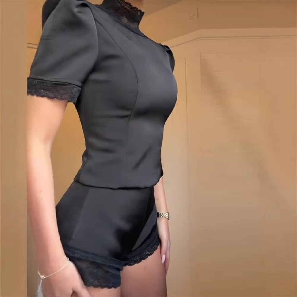 Damen Satin Schlafshorts mit Spitzenverzierung Drune