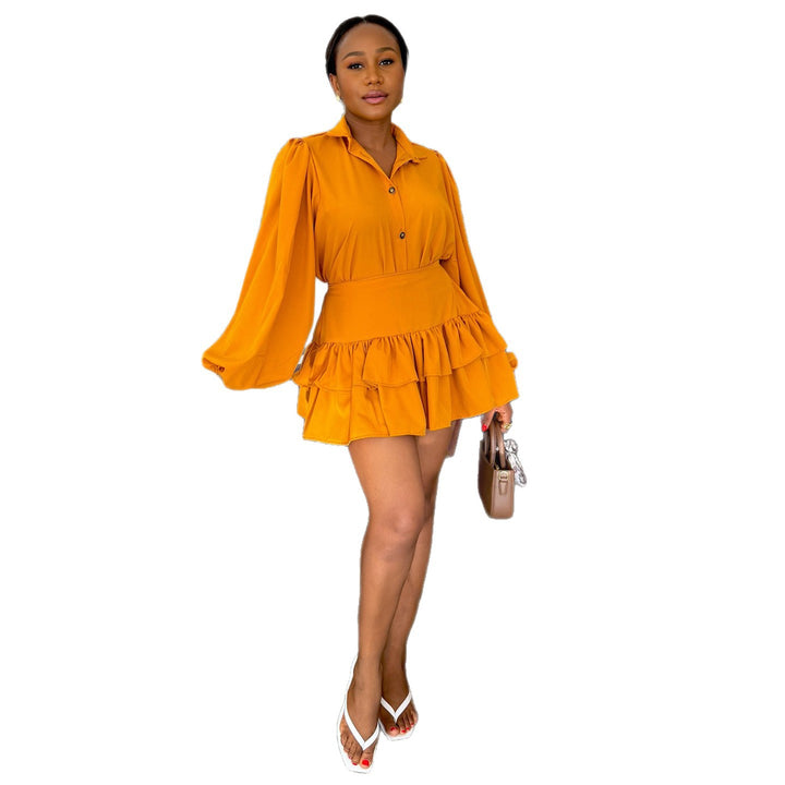 Damen Hemdblusenkleid mit voluminösen Puffärmeln und fließendem Rock Drune
