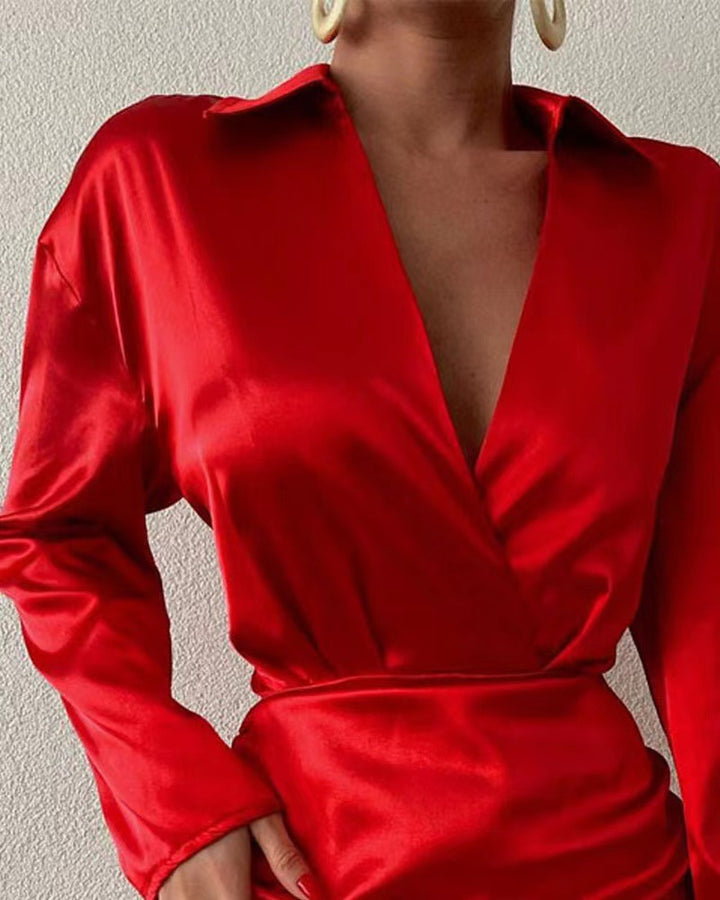 Damen Elegantes Wickelkleid mit langem Arm und verstellbarem Saum Drune