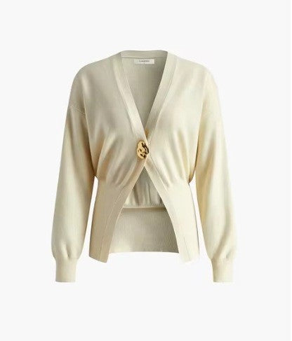 Damen elegante Strickjacke mit tiefem V-Ausschnitt und Knopfdetail Drune