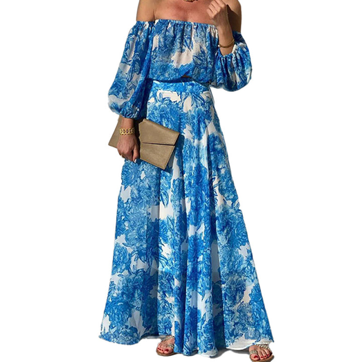 Damen Off-Shoulder Maxikleid mit floralem Druck und weitem Rock Drune