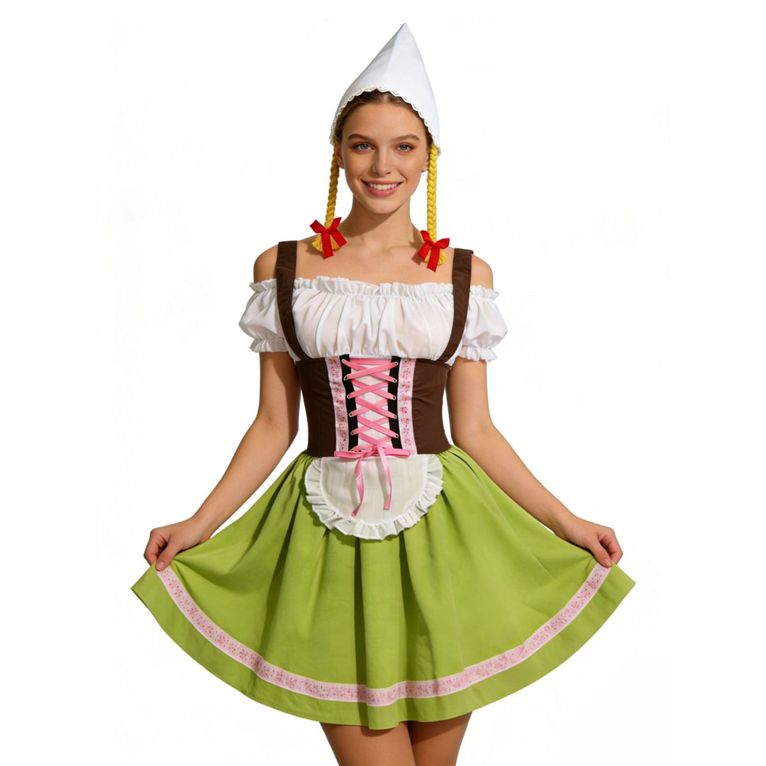 Damen nan traditionelles Oktoberfest Dirndl Kostüm mit Schnürkorsett, Schürze und Zipfelmütze Drune