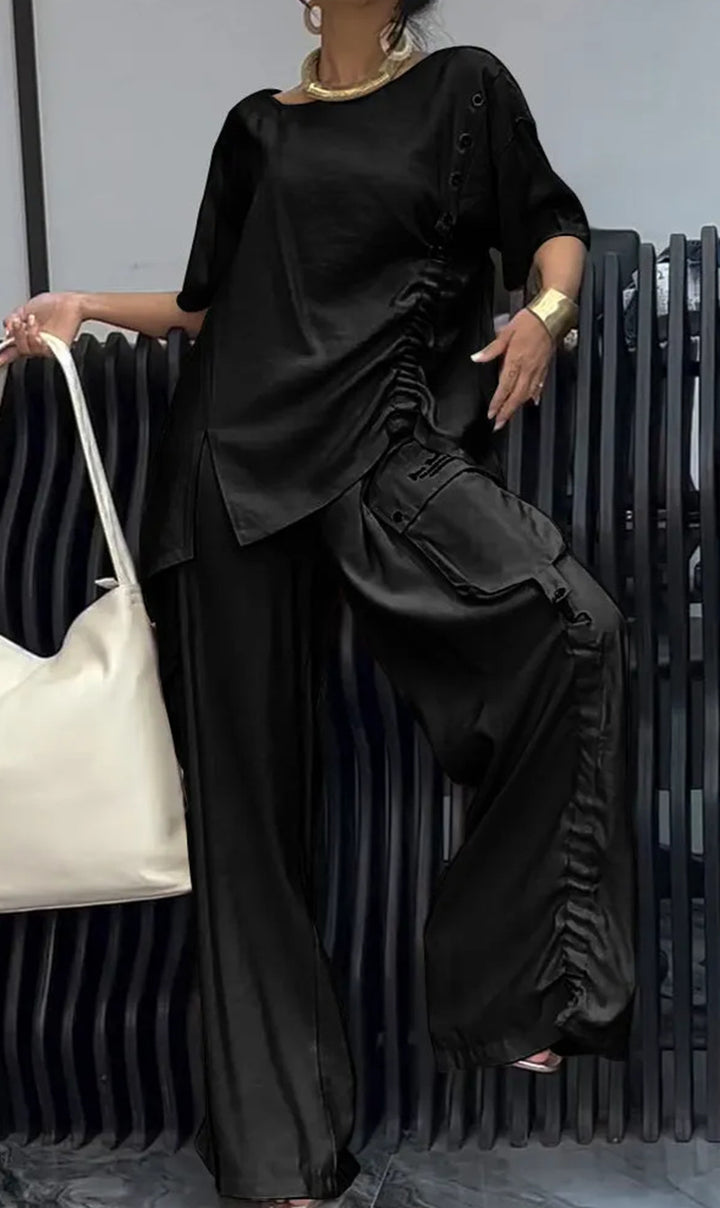 Damen nan lässiges zweiteiliges Ensemble mit geraffter Oversize-Bluse und Cargo-Palazzohose Drune