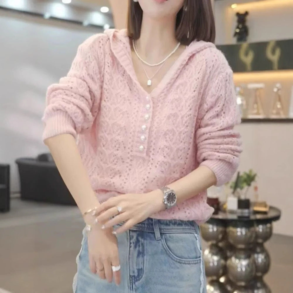 Damen Strickpullover mit Kapuze und edlen Knopfdetails Drune